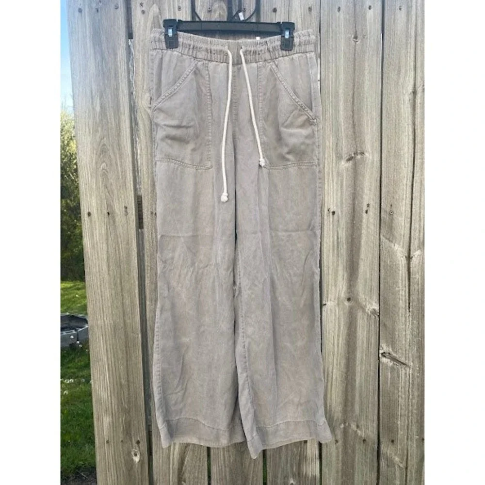 Tencel Lyocell Wide‎ Leg Drawstring Pants Taupe Grey Relaxed Trousers Womens